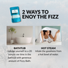 Promotional graphic for Fizzy Bath product showing two ways to enjoy it: in a bathtub and with hot steam.